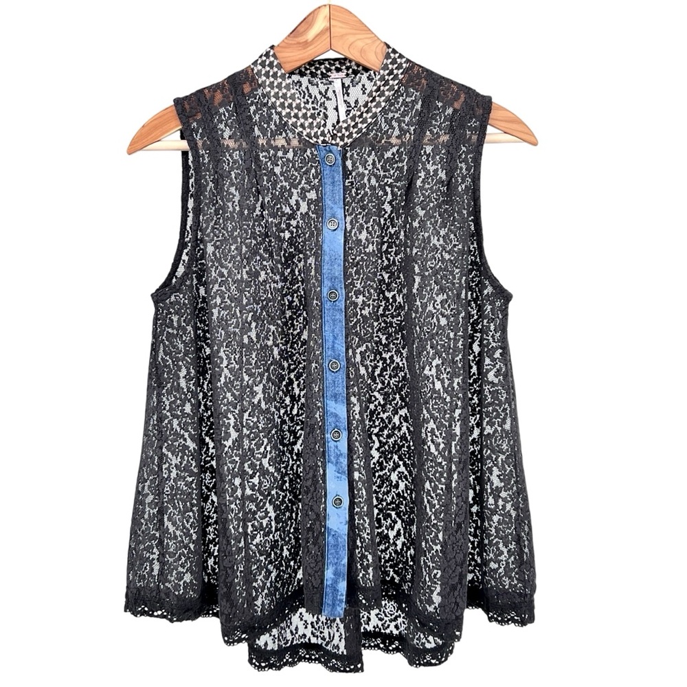 Free People Lace Denim Trapeze Sleeveless Top Sz XS Black Sheer Button Down Boho